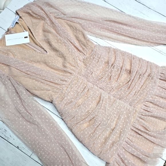 NEW Endless Rose Anthropologie Sheer Nude Pink Ruched Mini Dress Swiss Polka Dot - Picture 11 of 16